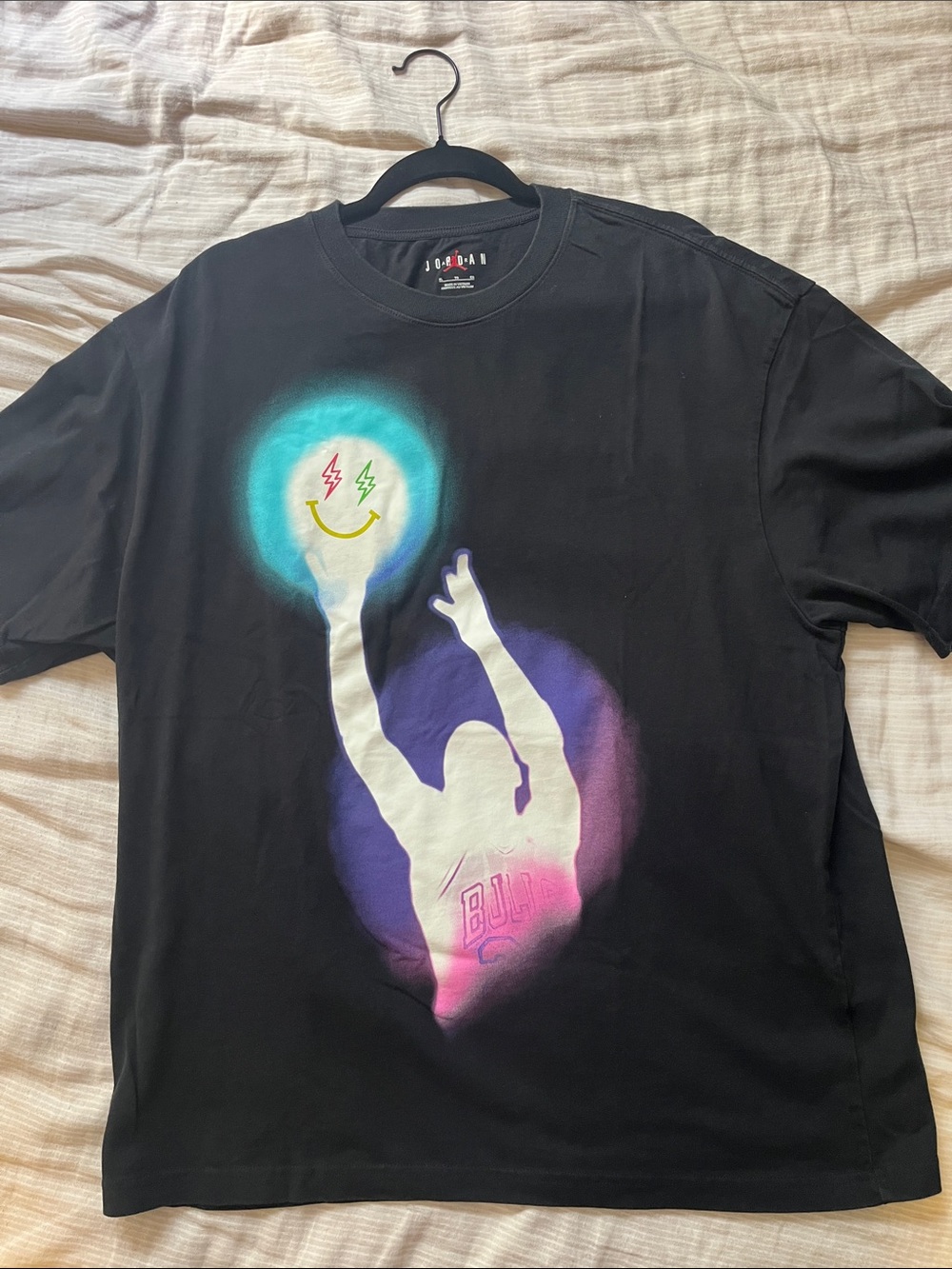 Jordan Black Tee with Turquoise, Purple & Pink Glow Basketball Graphic